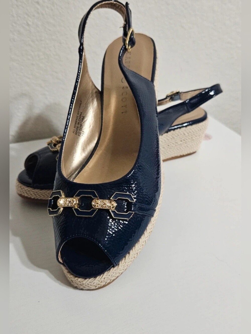 Karen Scott Black Espadrille Wedges with Gold Accents